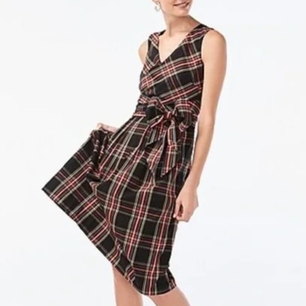 J. Crew Tartan Plaid Bow Wrap Midi Fit & Flare Dress